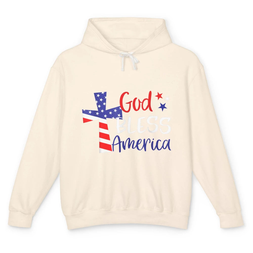 God Bless Jesus Cross 4th July American Flag Independence Unisex Lightweight Hoodie