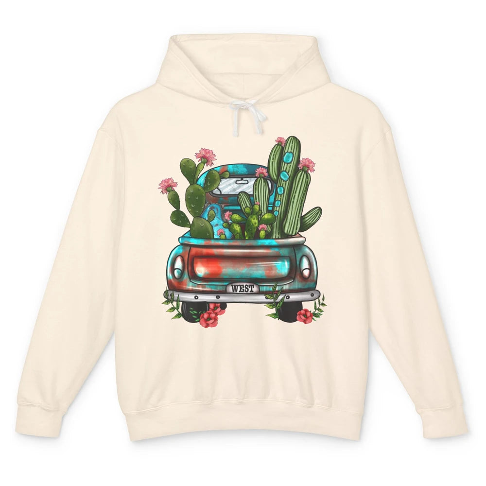 Turquoise Western Truck Desert Cactus Go West Western Gift Unisex Lightweight Hoodie