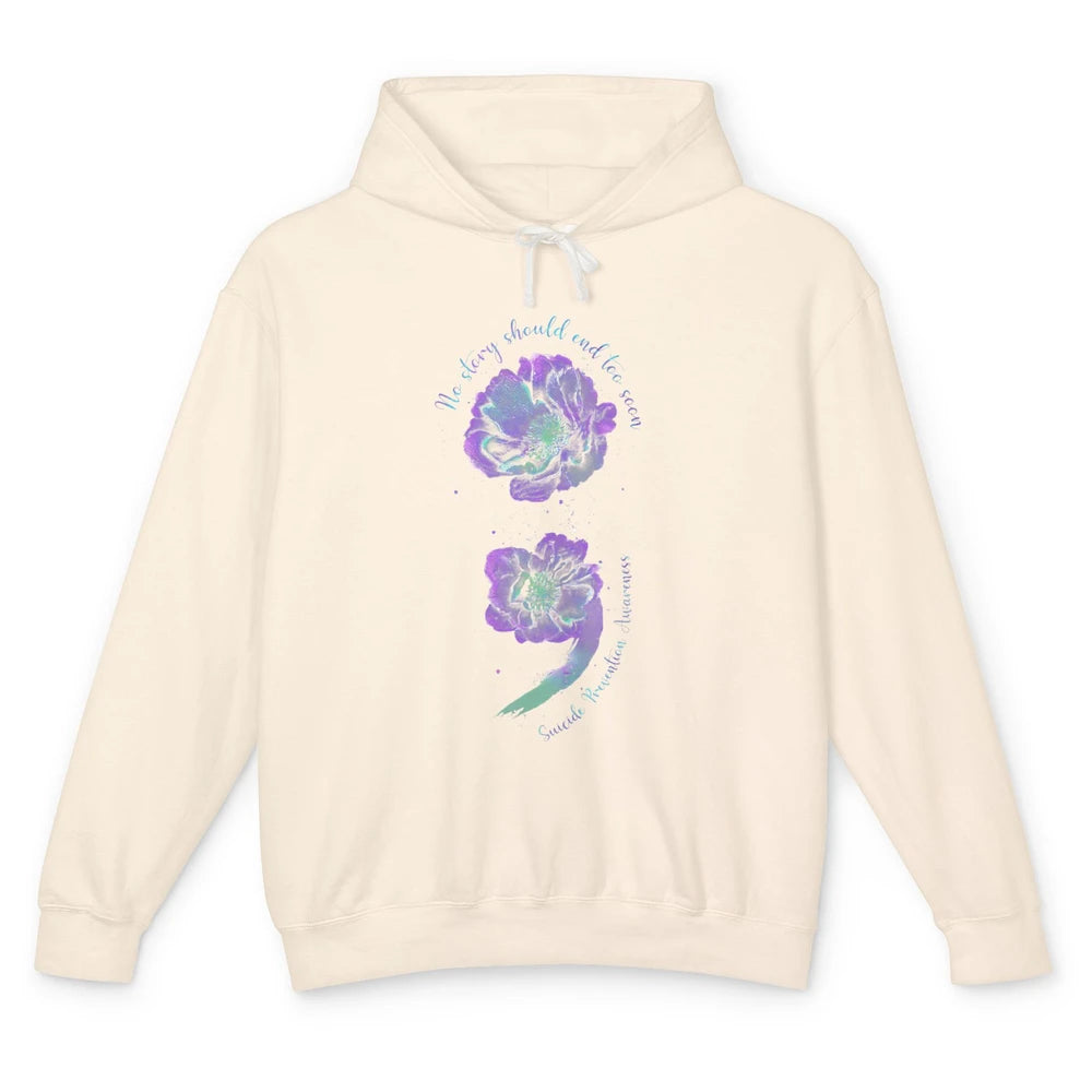 Semicolon Floral Mental Purple Blue Suicide Prevention Month Unisex Lightweight Hoodie