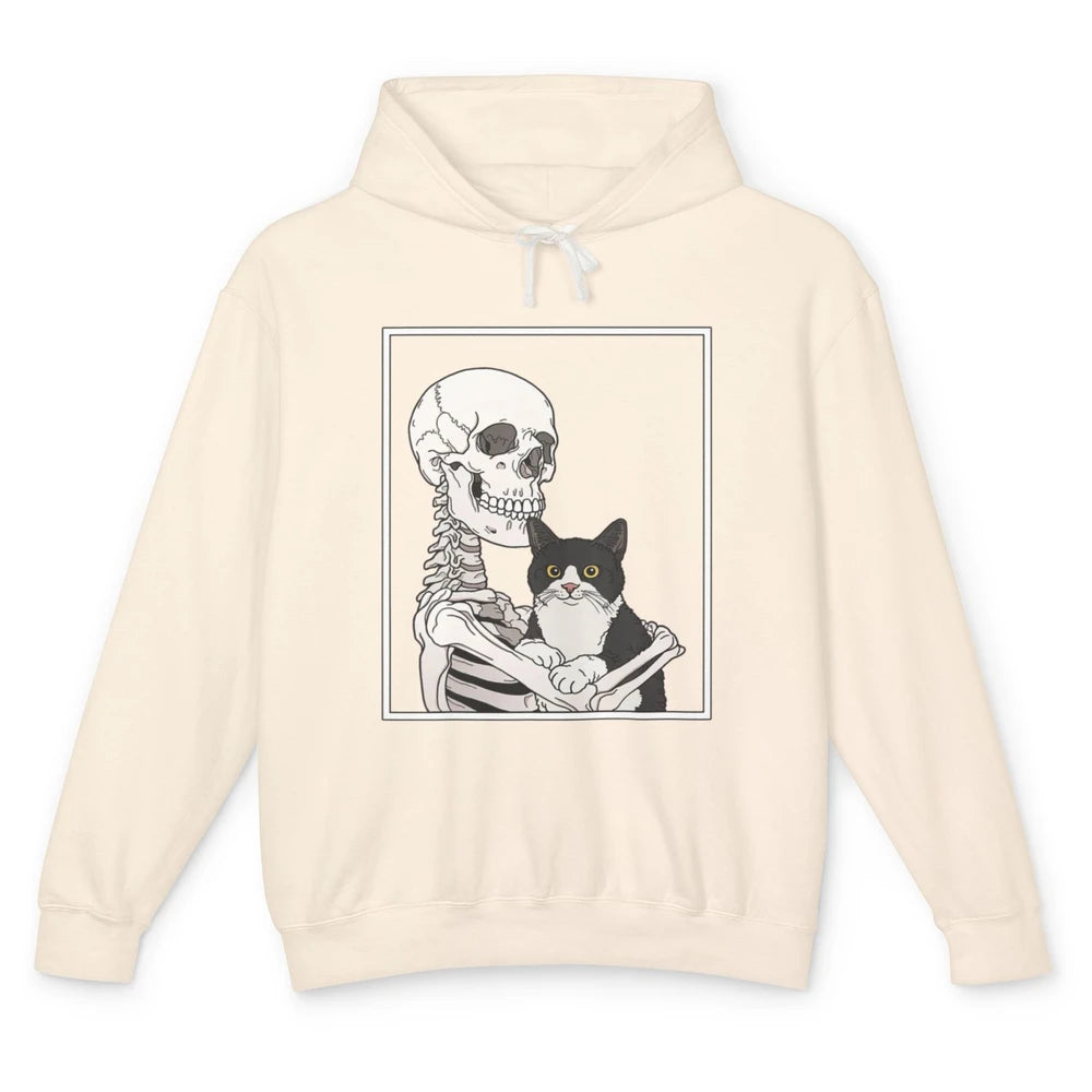 Skeleton Holding A Cat Lazy Halloween Costume Skull Kitten Unisex Lightweight Hoodie