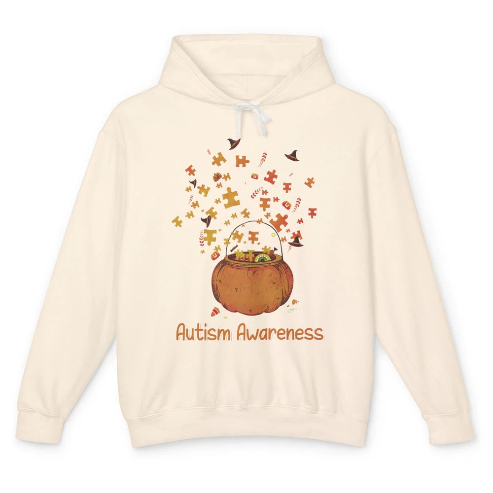 Halloween Autism Awareness Puzzle Piece Pumpkin Fall Unisex Lightweight Hoodie