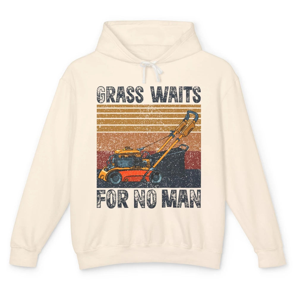 Vintage Lawn Mower Grass Waits For No Man Grass Gardening Unisex Lightweight Hoodie