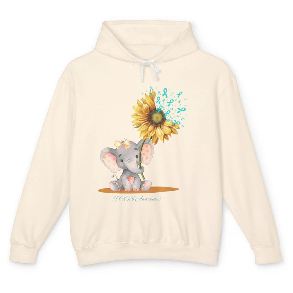 Sunflower Baby Elephant PCOS Awareness Teal Ribbon Elephant Unisex Lightweight Hoodie