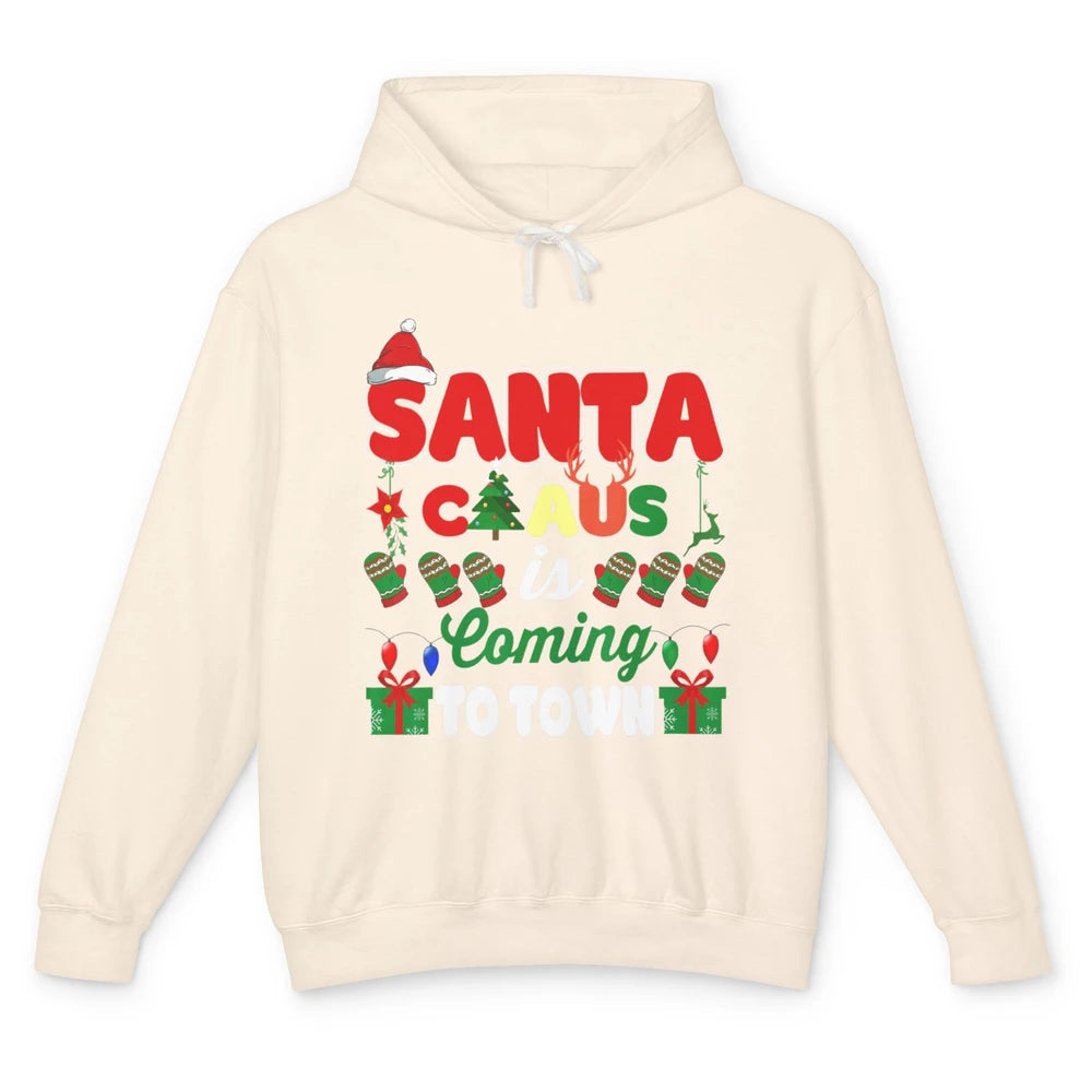 Merry Christmas Santa Claus Coming To Town Retro Xmas Lights Unisex Lightweight Hoodie