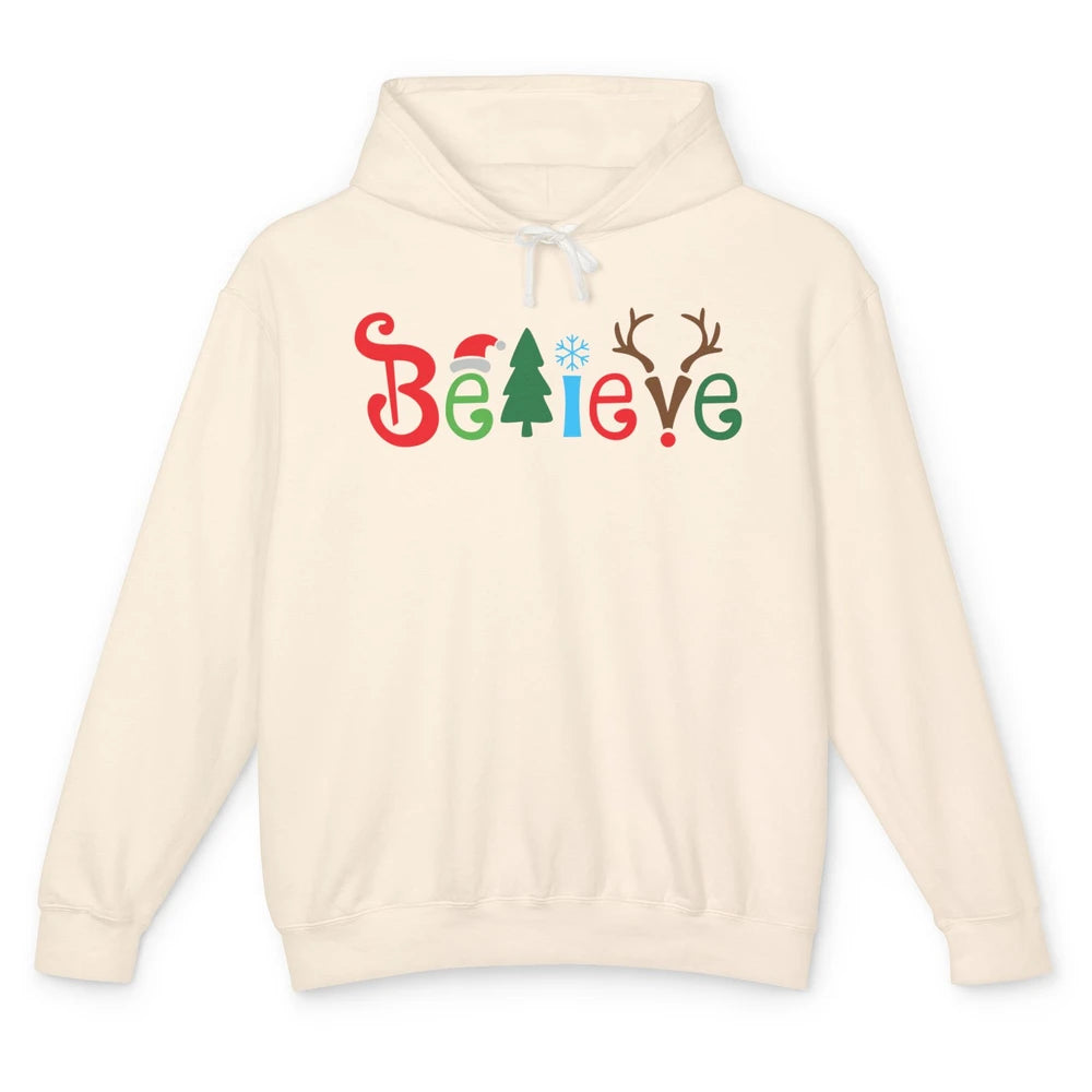 Funny Santa Claus Hat Believe Snowflakes Christmas Costume Unisex Lightweight Hoodie