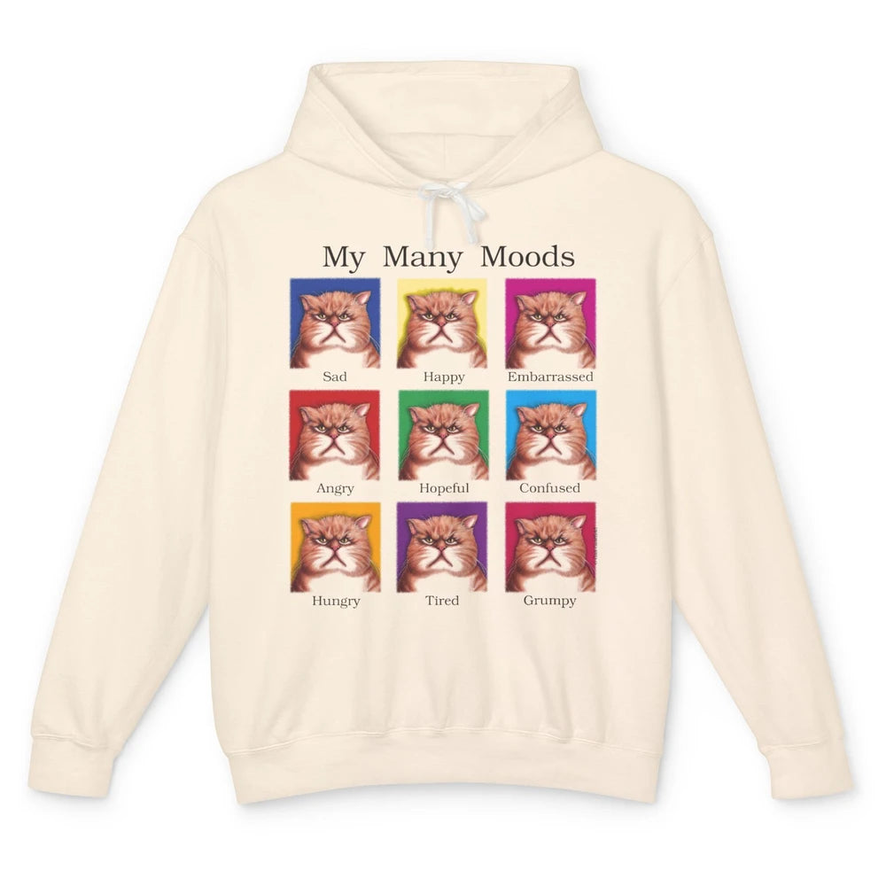 Funny My Many Moods Orange Cat Grumpy Face Kitten Pet Mom Unisex Lightweight Hoodie