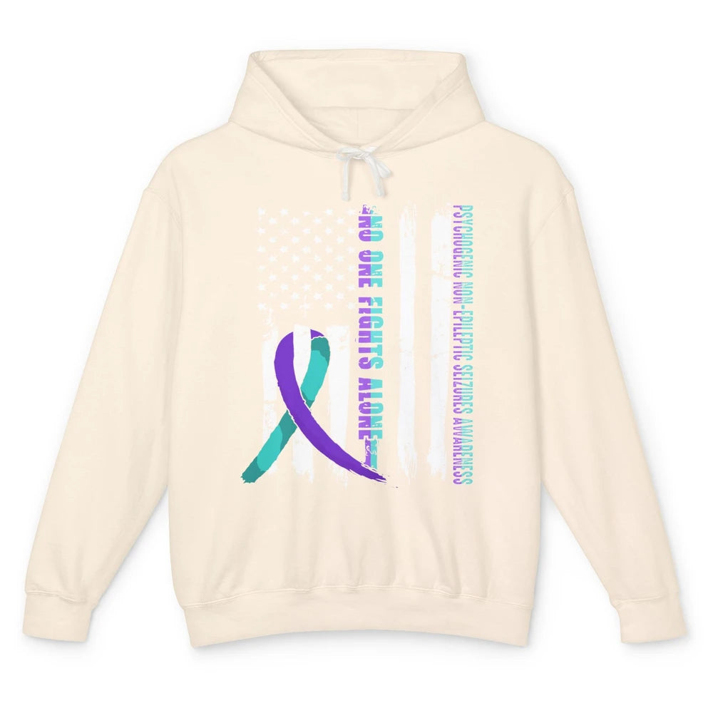 PNES Awareness Purple Teal Ribbon No One Fight Alone US Flag Unisex Lightweight Hoodie