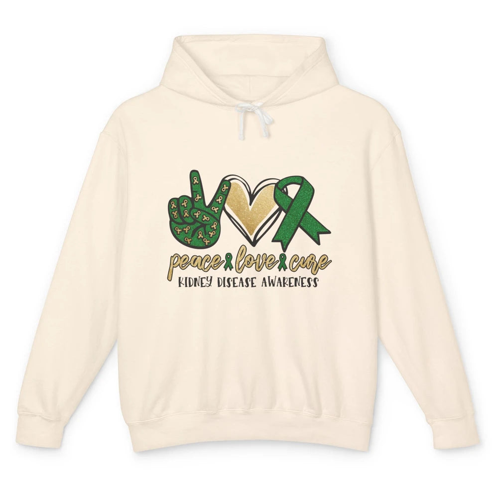 Peace Love Cure Kidney Disease Awareness Green Ribbon Heart Unisex Lightweight Hoodie