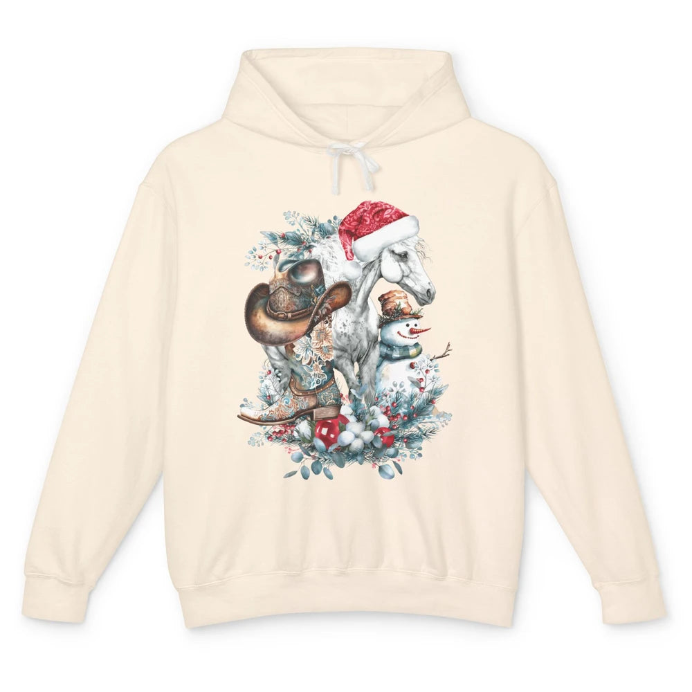 Merry Christmas Horse Santa Hat Cowgirl Cowboy Boots Xmas Unisex Lightweight Hoodie