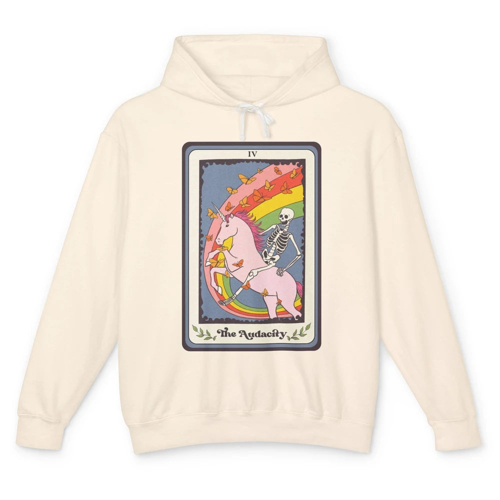 Retro Skeleton Rides Unicorn The Audacity Tarot Card Rainbow Unisex Lightweight Hoodie