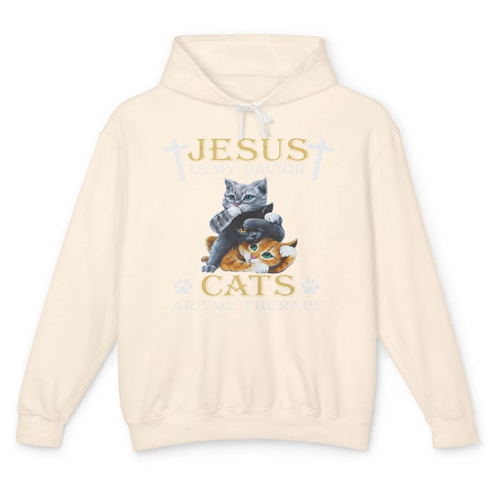 Jesus Is Savior Cats Are My Therapy Christian Cat Religious Unisex Lightweight Hoodie