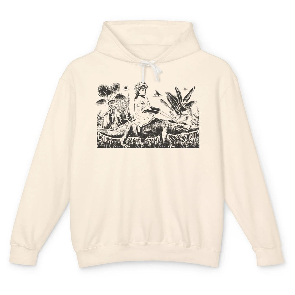 Retro Florida Tropical Land Girl Riding Alligator Summer Unisex Lightweight Hoodie