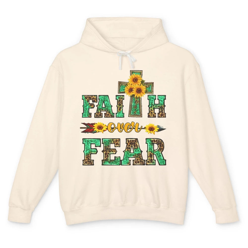 Leopard Sunflower Cross Faith Over Fear Christian Religious Unisex Lightweight Hoodie