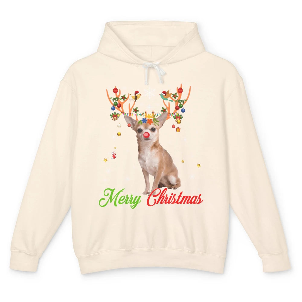 Merry Christmas Chihuahua Dog Santa Hat Xmas Reindeer Lights Unisex Lightweight Hoodie