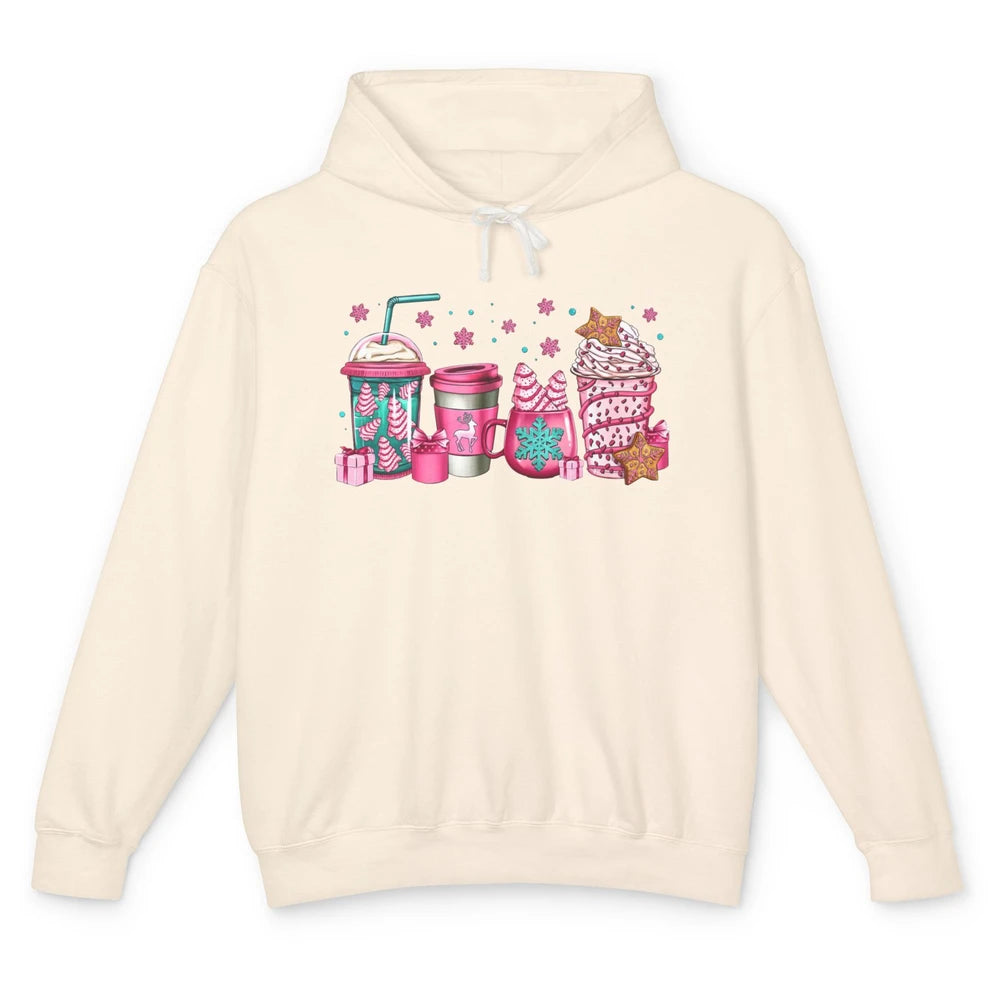 Pink Christmas Coffee Christmas Tree Cake Christmas Lovers Unisex Lightweight Hoodie