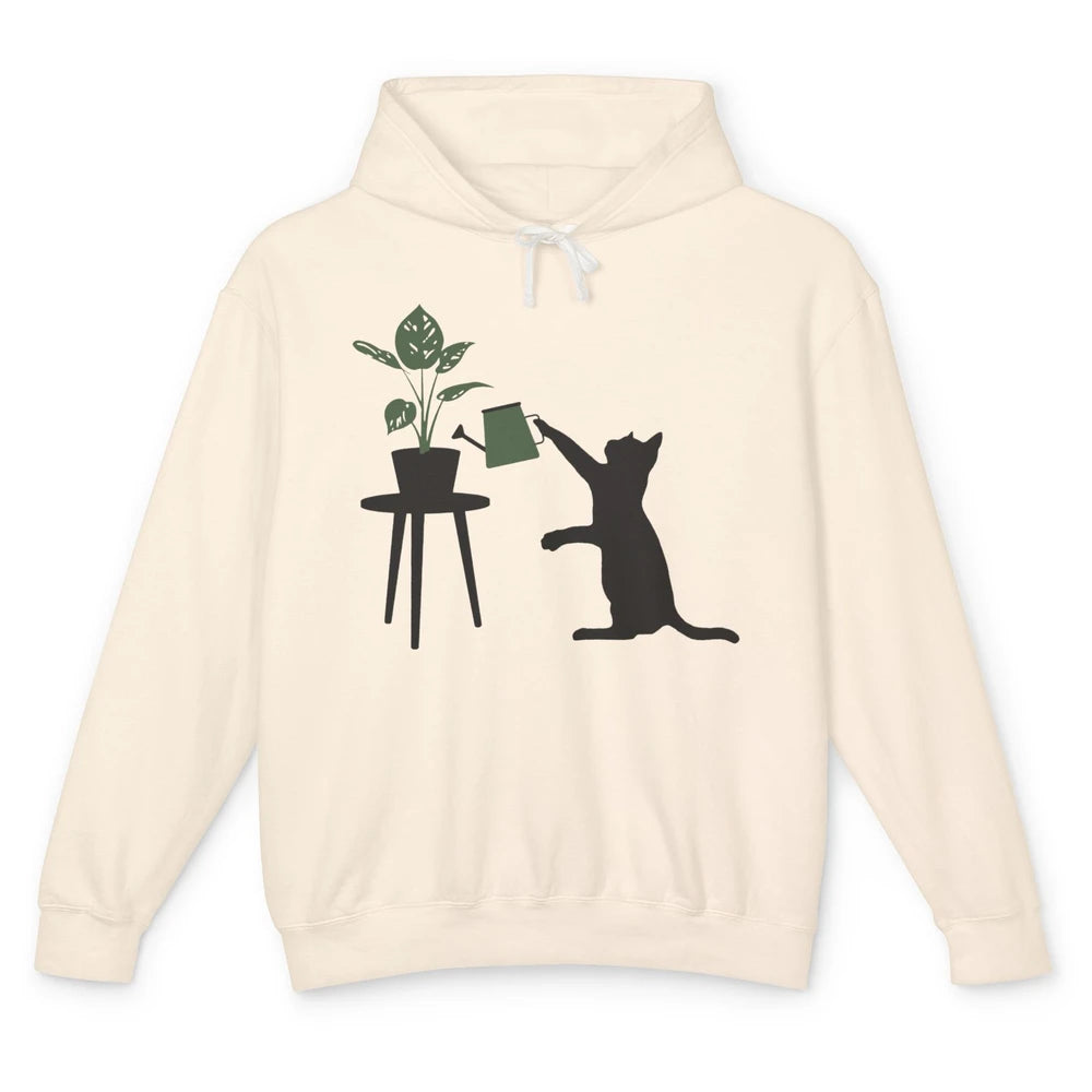 Black Cat Watering Plant Cat Gardening Planting Cat Lovers Unisex Lightweight Hoodie