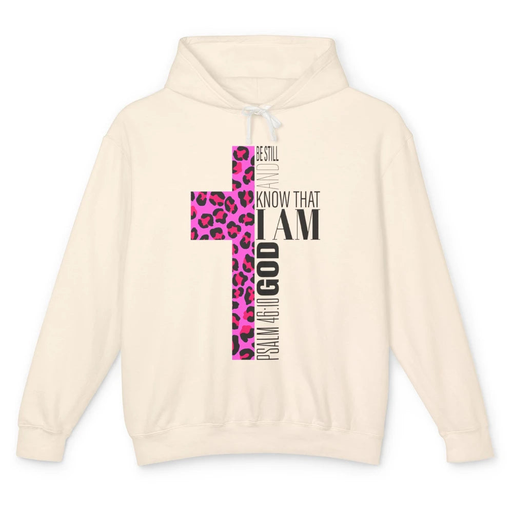 Religious Cute Be Still Bible Christian Pink Cheetah Cross Unisex Lightweight Hoodie