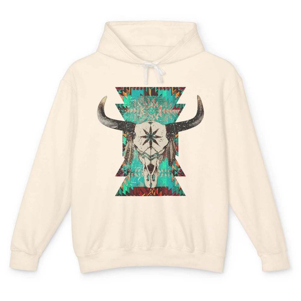 Boho Bull Skull Turquoise Aztec Western Country Rodeo Cowboy Unisex Lightweight Hoodie