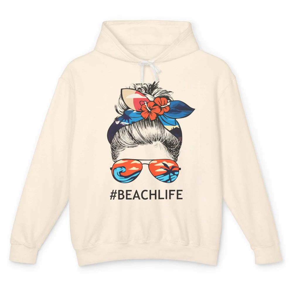 Beach Life Messy Bun Hawaiian Hair Retro Beach Palms Summer Unisex Lightweight Hoodie