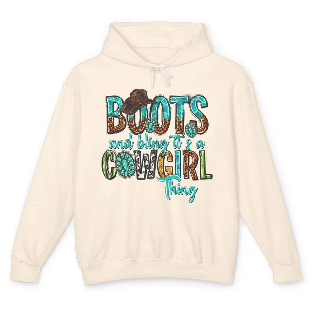 Leopard Turquoise Boots and Bling It's Cowgirl Thing Western Unisex Lightweight Hoodie