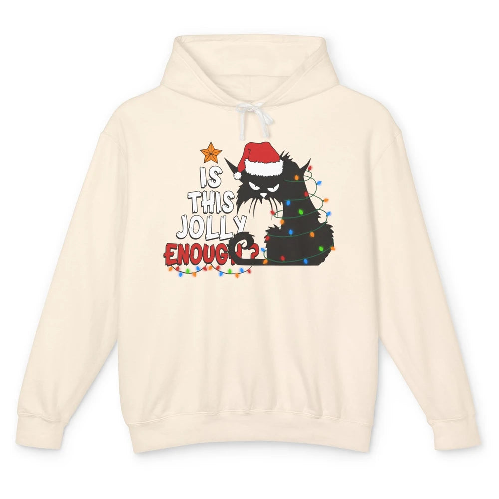 Funny Black Cat Christmas Light Santa This Jolly Enough Gift Unisex Lightweight Hoodie