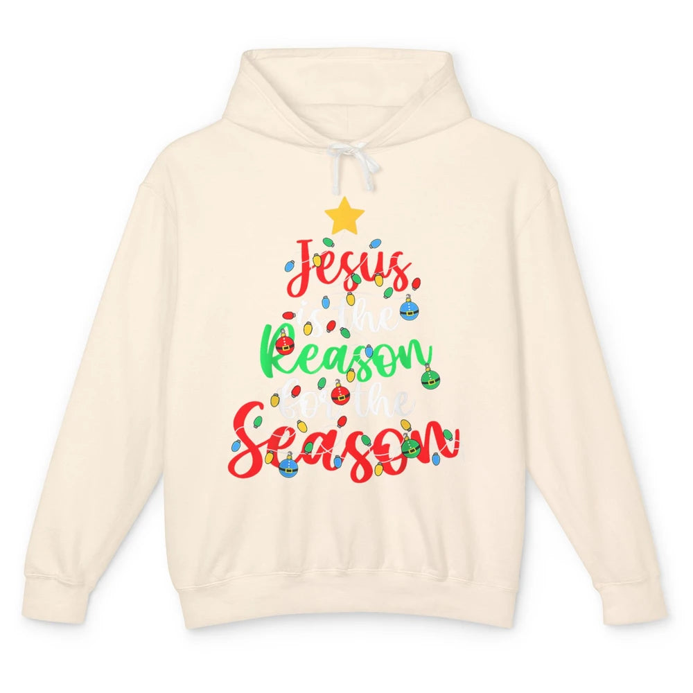 Merry Christmas Jesus The Reason For Season Xmas Tree Lights Unisex Lightweight Hoodie