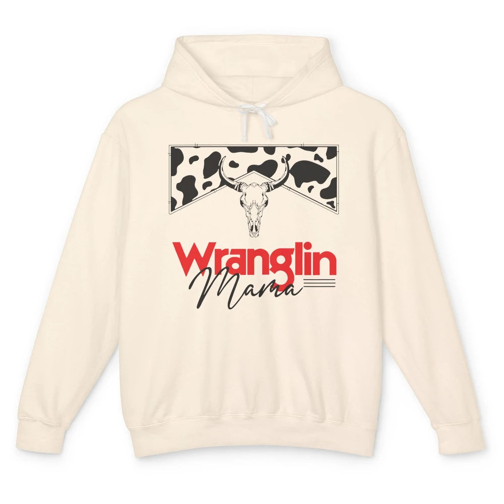 Retro Cowhide Bull Skull Wrangling Mama Western Country Girl Unisex Lightweight Hoodie