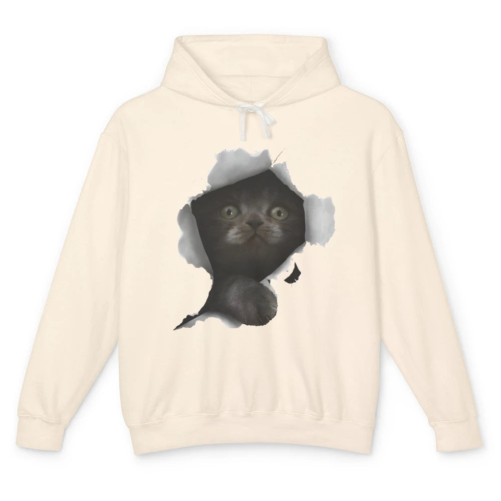 Funny Breaking Through Black Cat Sarcastic Hiding Kitten Unisex Lightweight Hoodie