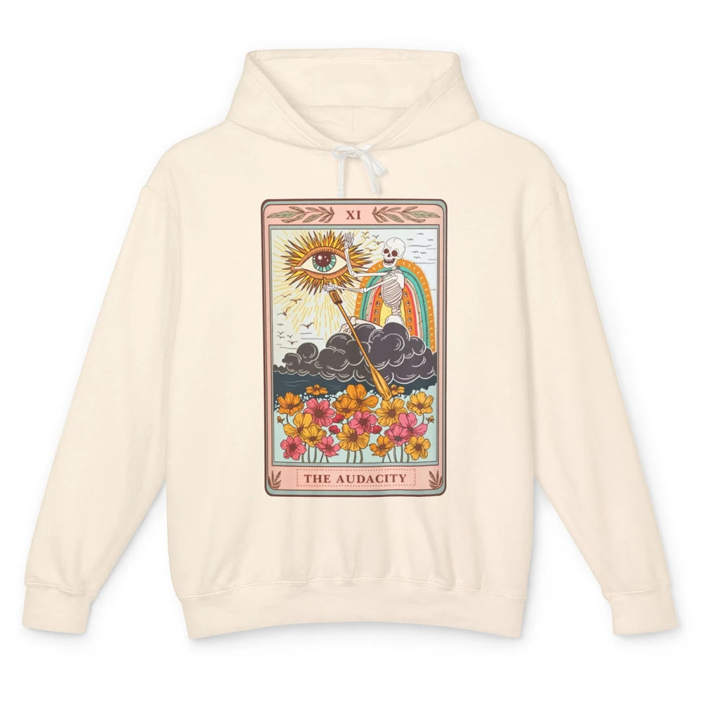 Retro Skeleton Riding Cloud The Audacity Tarot Card Rainbow Unisex Lightweight Hoodie