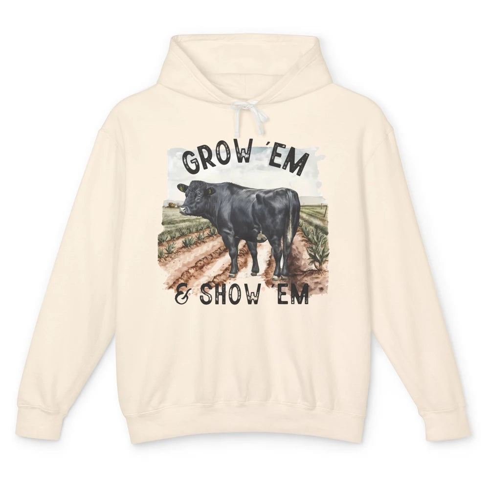 Black Cow On The Farm Grow Em Show Em Western Farm Life Unisex Lightweight Hoodie