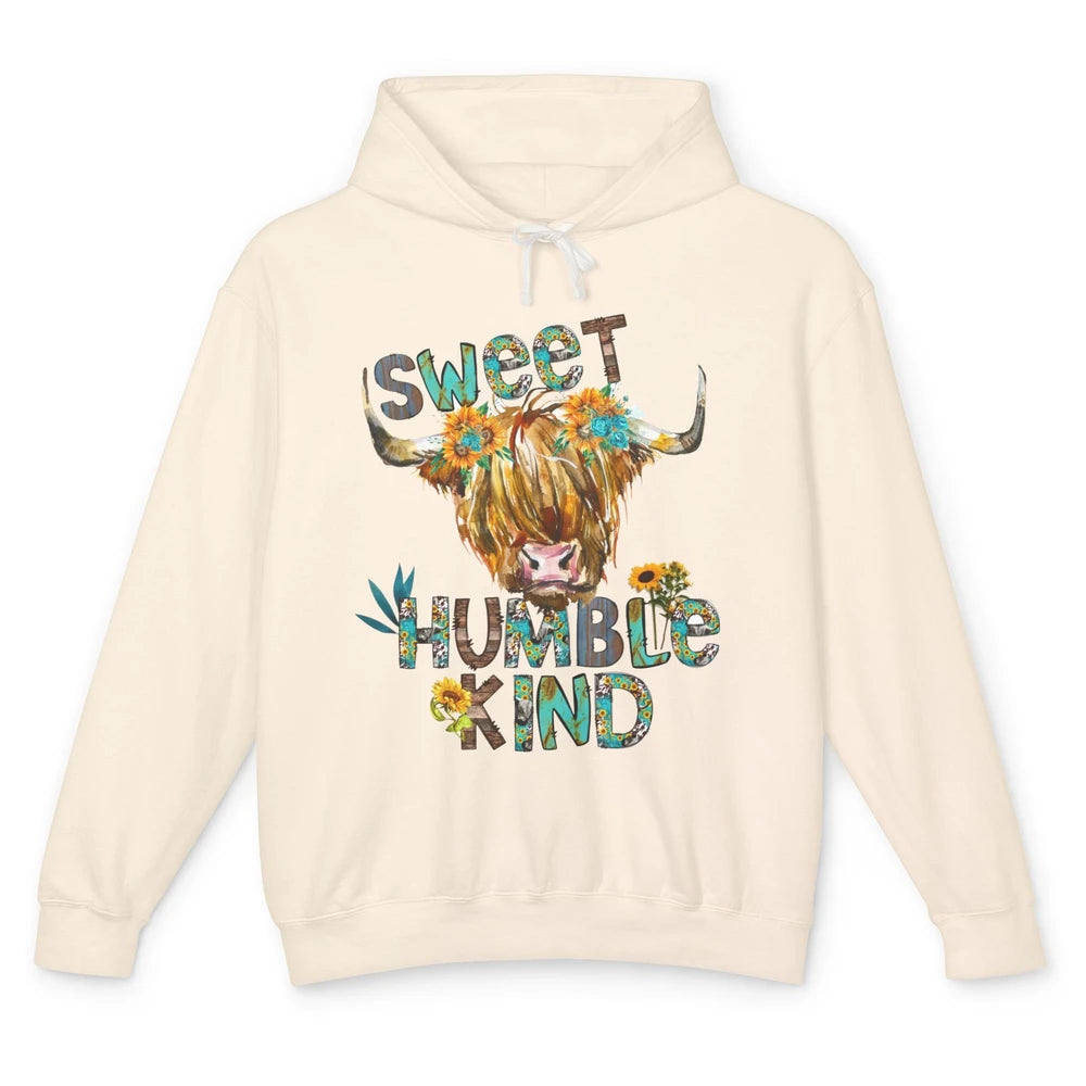 Highland Cow Sunflower Sweet Humble Kind Western Country Unisex Lightweight Hoodie