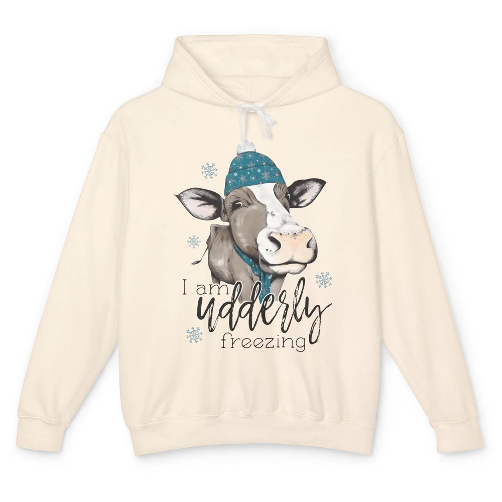 Funny Cow I'm Udderly Freezing Farmer Merry Christmas Winter Unisex Lightweight Hoodie