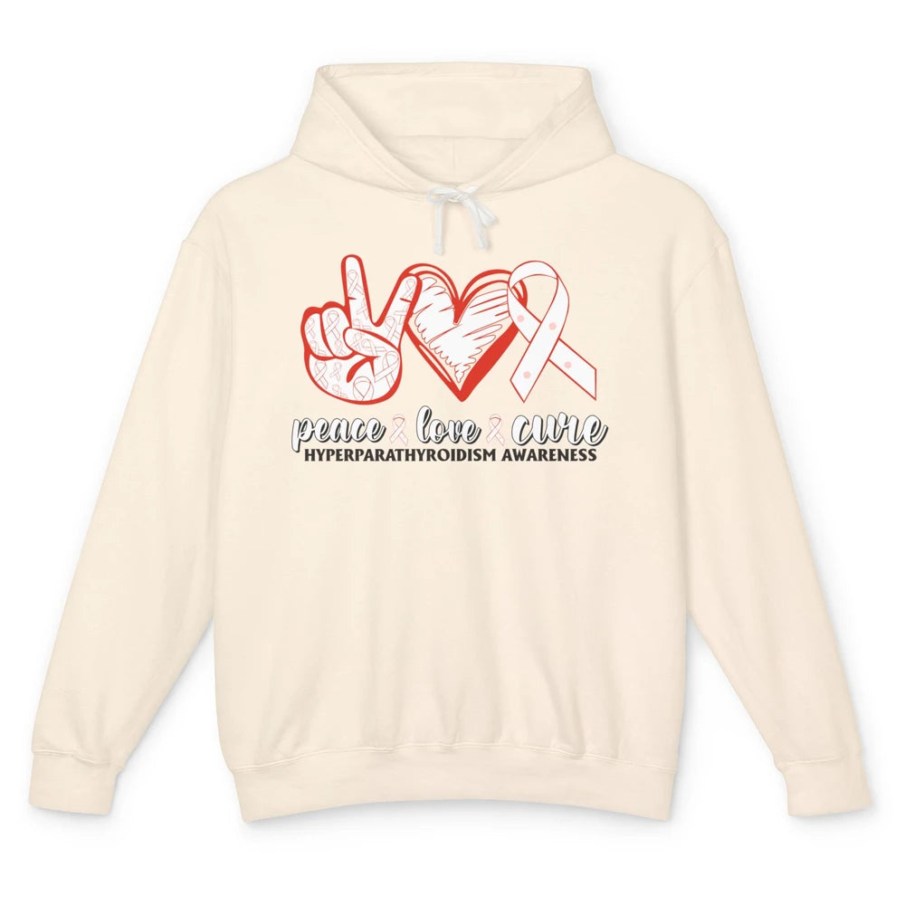 Hyperparathyroidism Awareness Red Ribbon Peace Love Cure Unisex Lightweight Hoodie