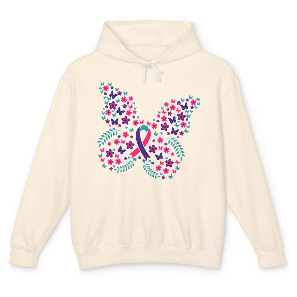 Floral Butterfly Teal Pink Warrior Thyroid Cancer Awareness Unisex Lightweight Hoodie