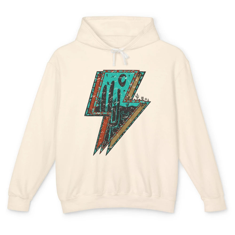 Retro Desert Cactus Night Turquoise Lightning Bolt Western Unisex Lightweight Hoodie