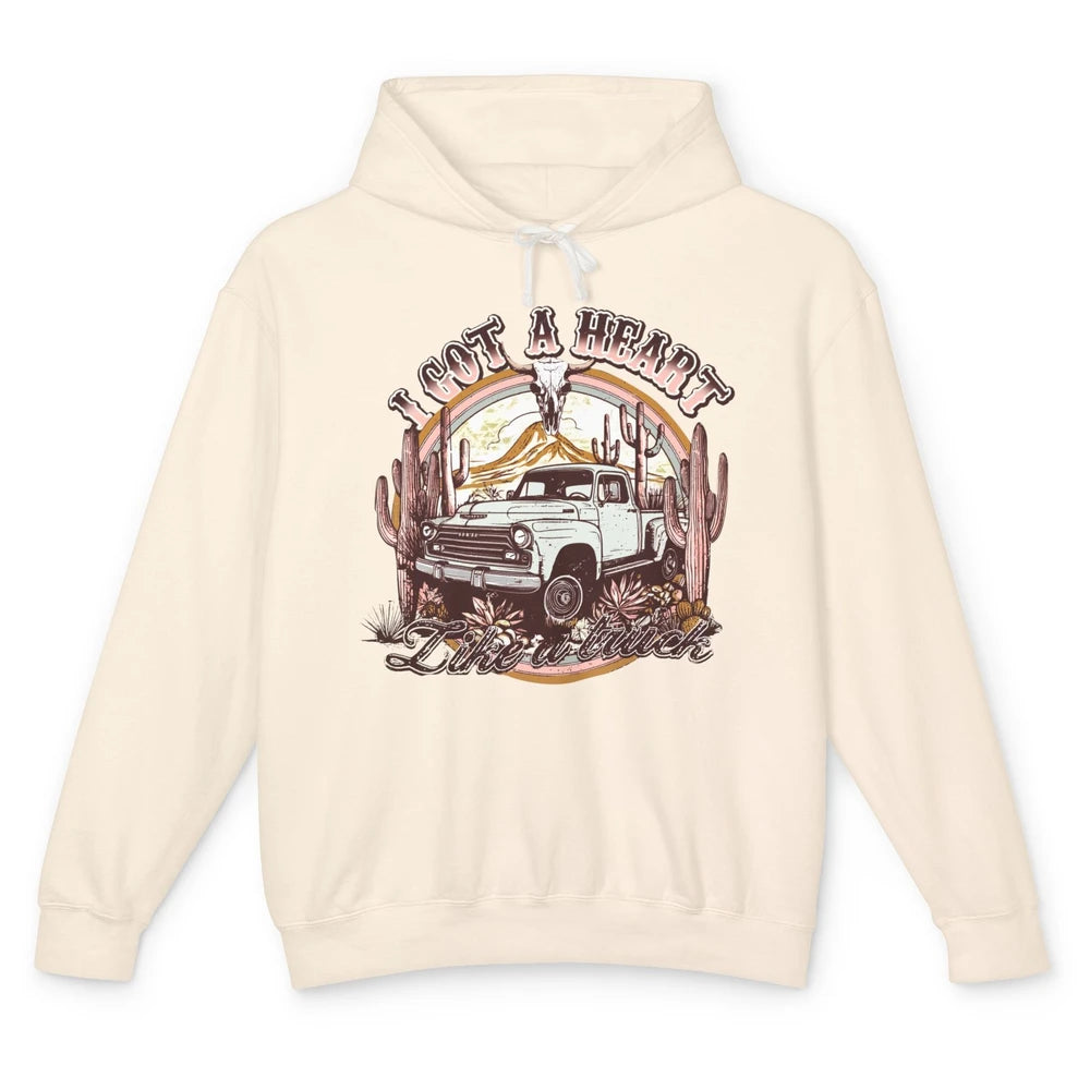 Retro Desert Bull Skull I Got A Heart Like A Truck Western Unisex Lightweight Hoodie