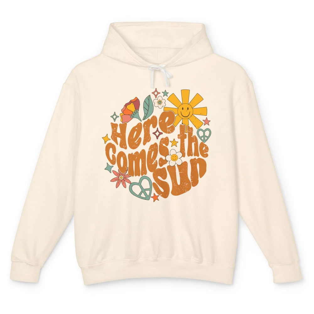 Retro Daisy Rainbow Sunrise Here Comes The Sun Hippie Girl Unisex Lightweight Hoodie