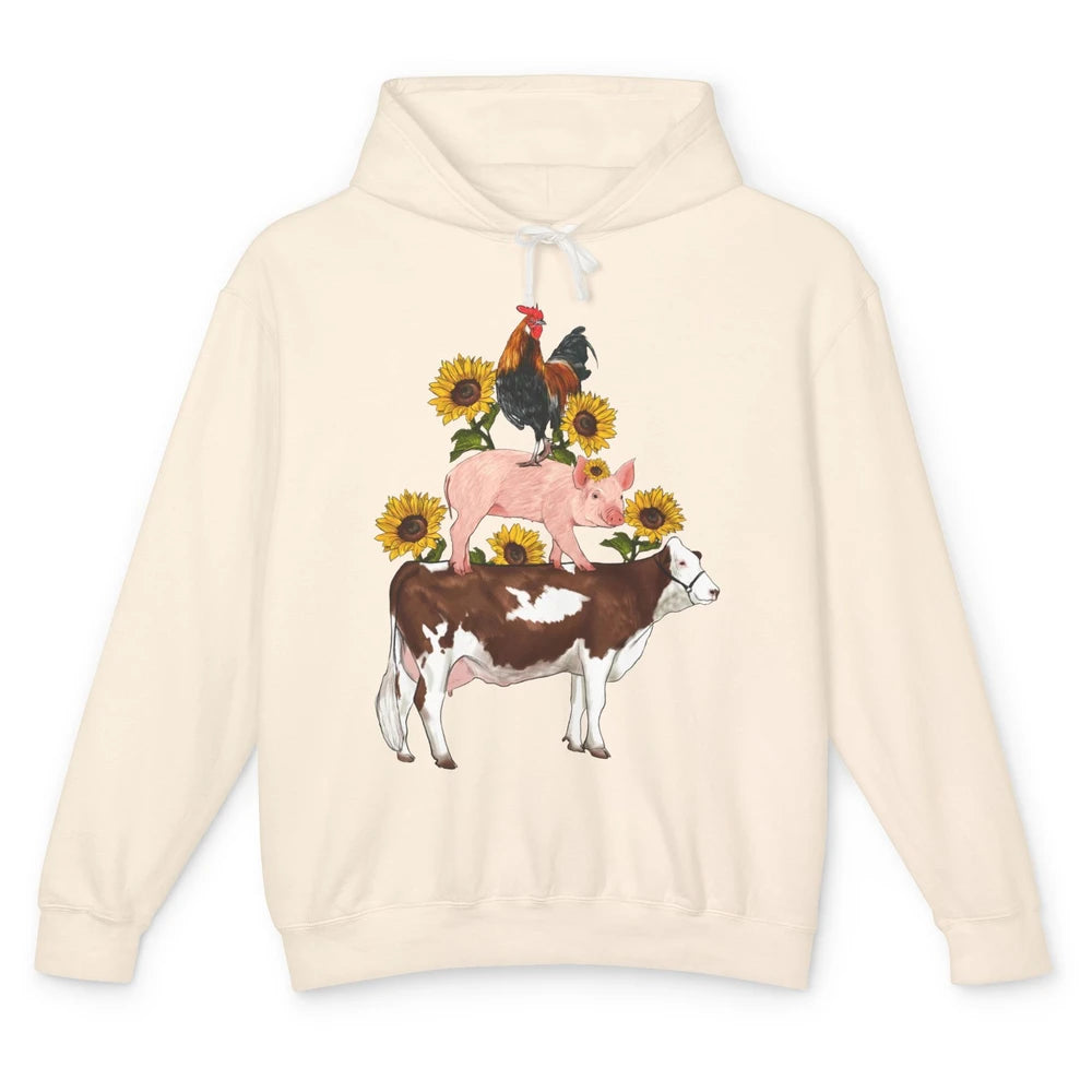 Sunflower Western Farm Life Animals Vegan Cow Pig Rooster Unisex Lightweight Hoodie