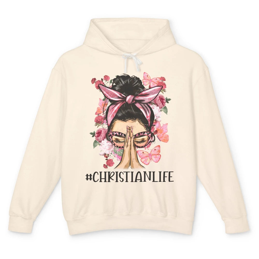 Floral Messy Bun Praying Christian Life Religious Motivation Unisex Lightweight Hoodie