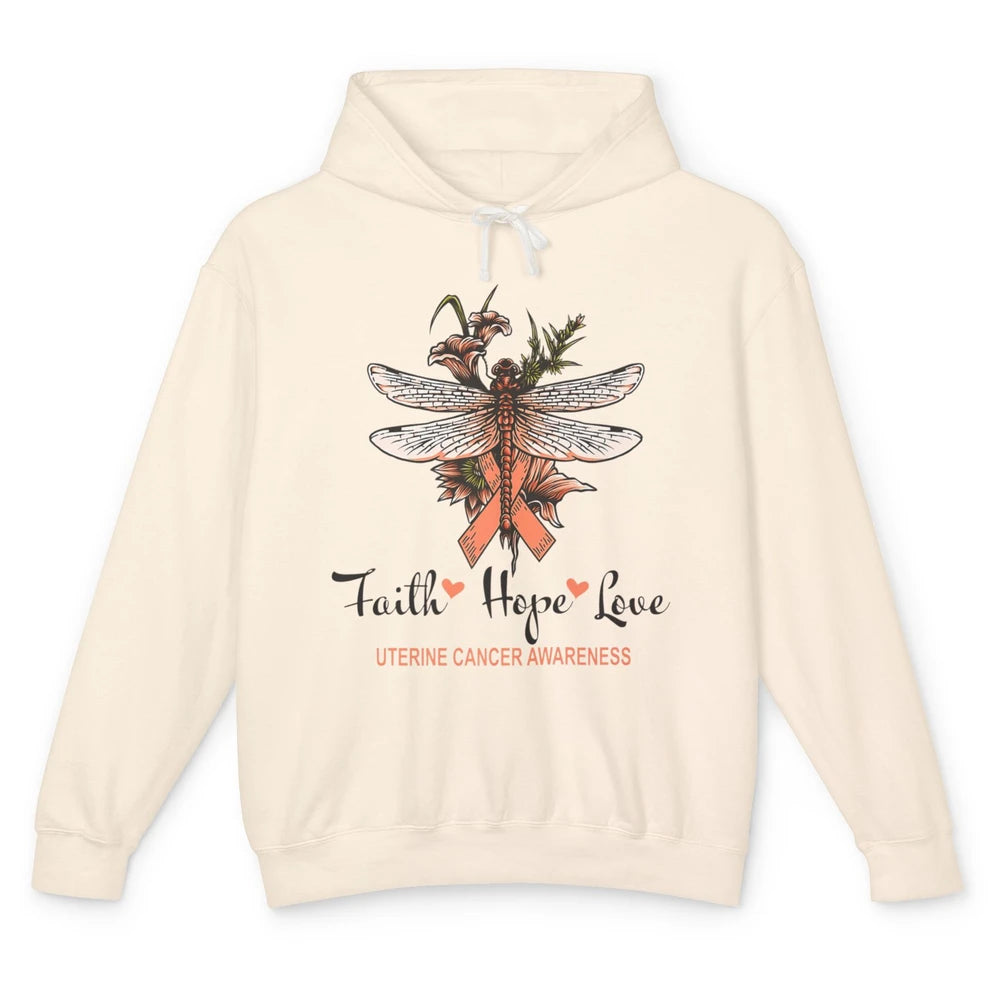 Faith Hope Love Dragonfly Peach Uterine Cancer Awareness Unisex Lightweight Hoodie