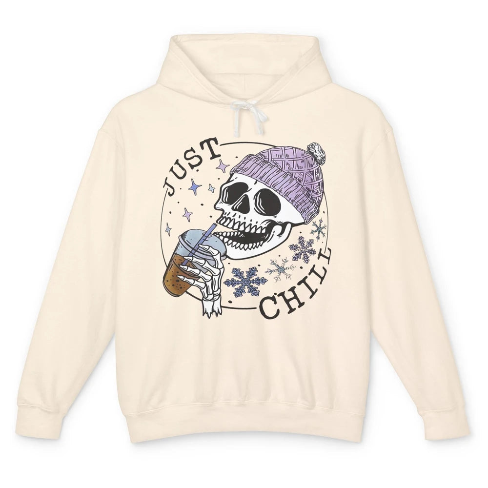 Funny Skeleton Coffee Just Relax Snowflakes Christmas Unisex Lightweight Hoodie