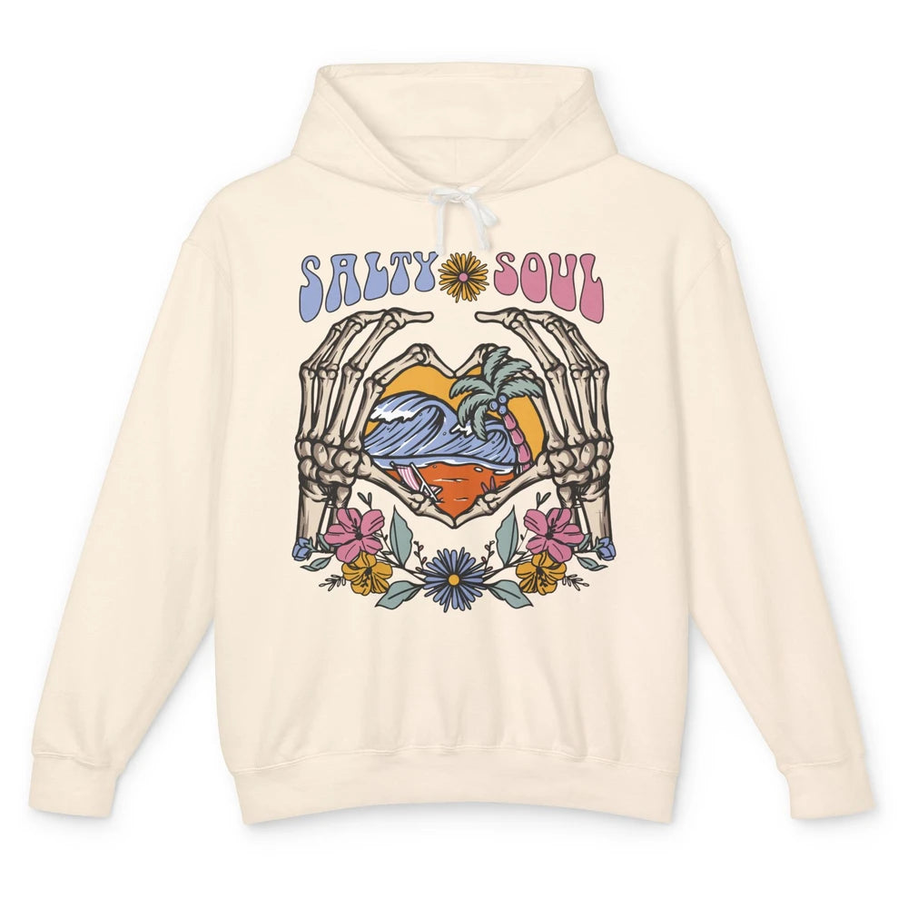 Retro Salty Beach Soul Floral Wave Skeleton Summer Vibes 70s Unisex Lightweight Hoodie