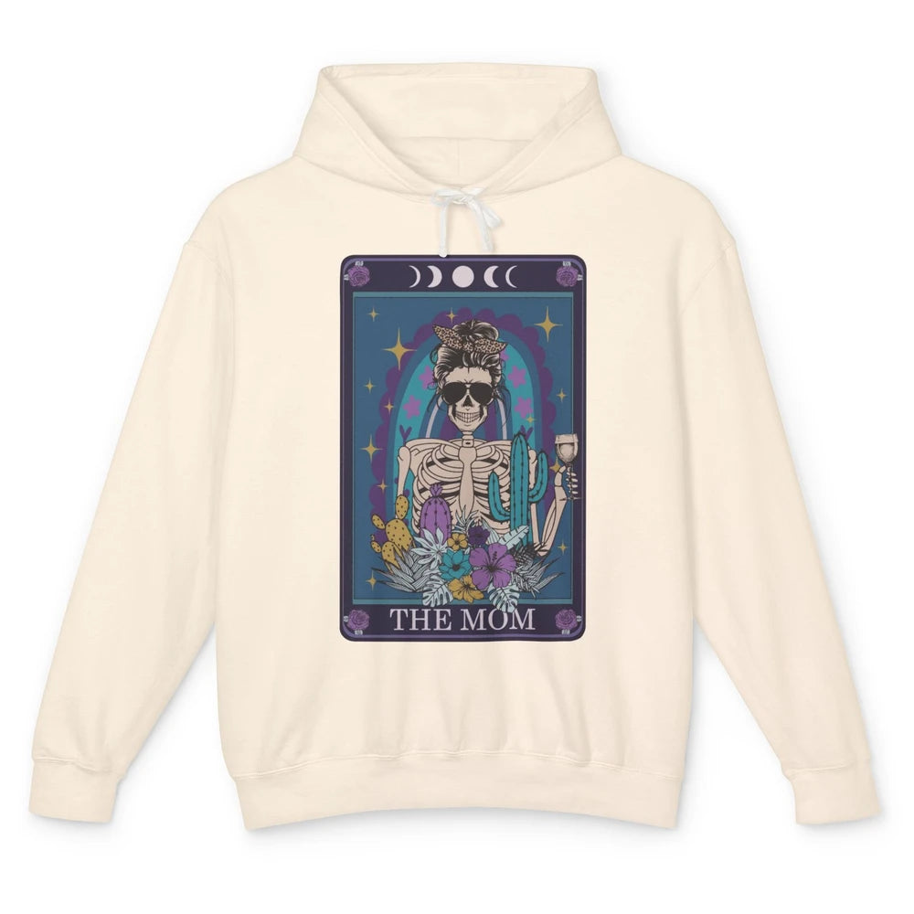 Skeleton Skull Messy Bun Mom Tarot Card The Mom Halloween Unisex Lightweight Hoodie