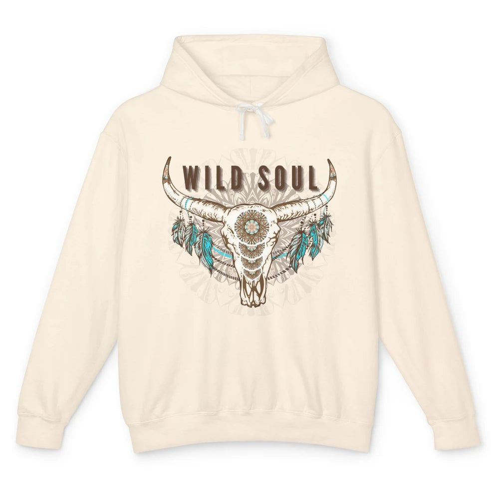 Boho Bull Skull Wild Soul Hippie Cowgirl Western Country Unisex Lightweight Hoodie