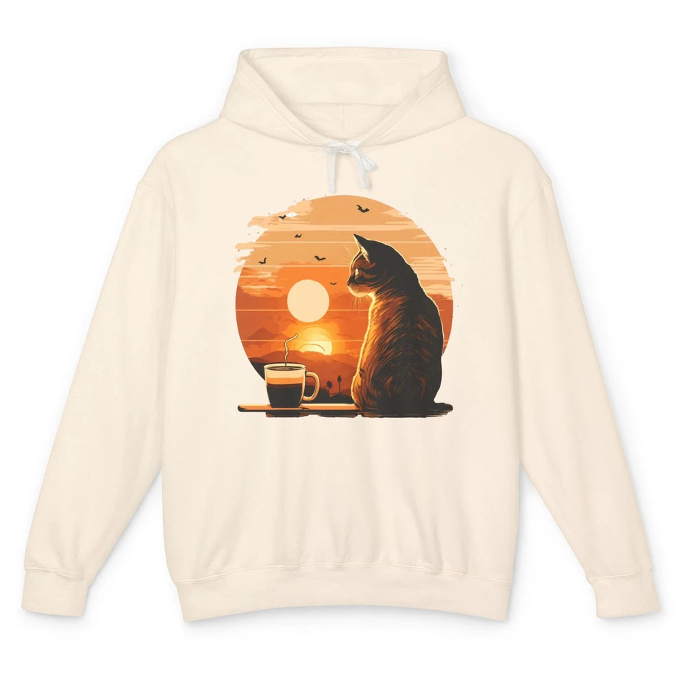 Coffee Cat And Vintage Sunset Love Drinking Coffee At Sunset Unisex Lightweight Hoodie