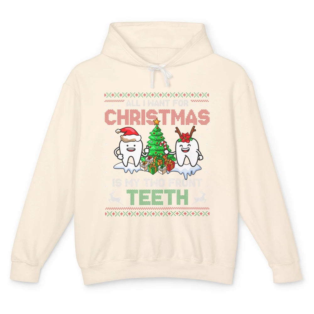 Merry Christmas Funny Two Teeth Dentist Xmas Tree Santa Ugly Unisex Lightweight Hoodie