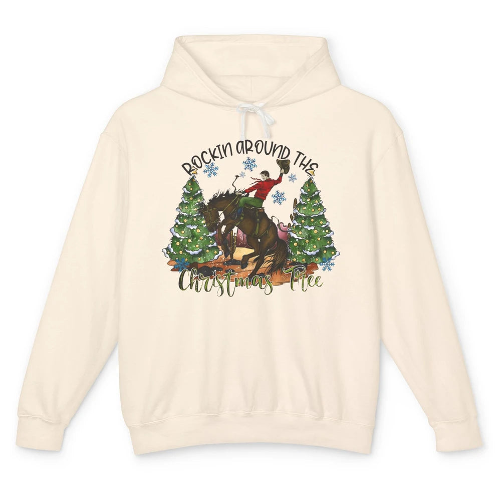 Funny Cowboy Horsing Rocking Around Christmas Tree Western Unisex Lightweight Hoodie