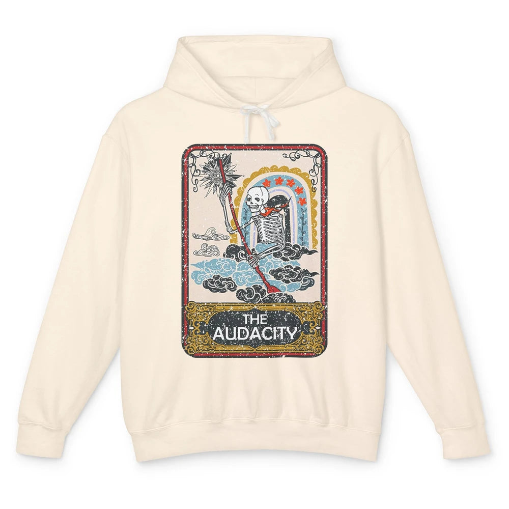 Retro Skeleton Riding Clouds Rainbow The Audacity Tarot Card Unisex Lightweight Hoodie