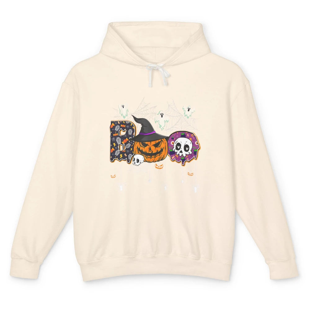 Funny Skeleton Hey Boo Witch Ghost Halloween Spooky Gothic Unisex Lightweight Hoodie