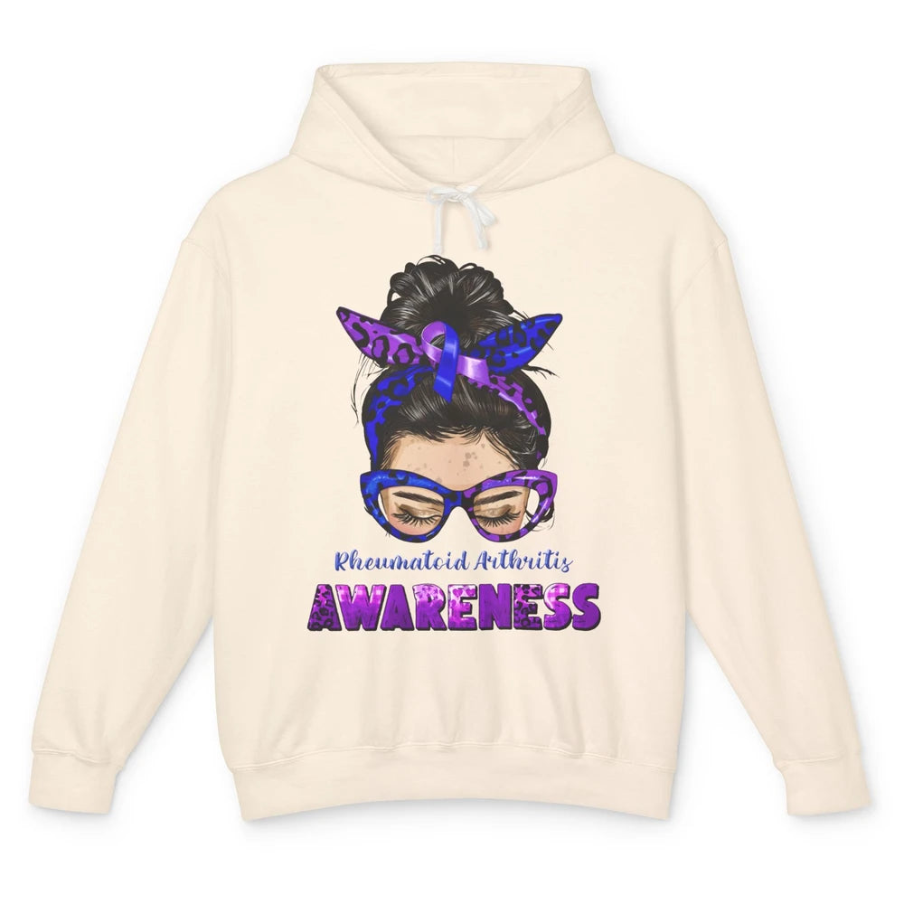 Rheumatoid Arthritis Messy Bun Mom Blue Purple Ribbon Unisex Lightweight Hoodie